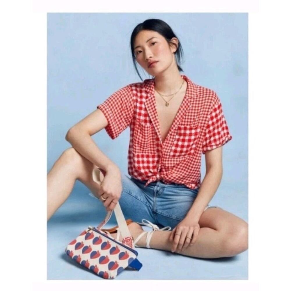 Anthropologie Maeve Bon Voyage Red Houndstooth Patchwork Motif Button Top XS